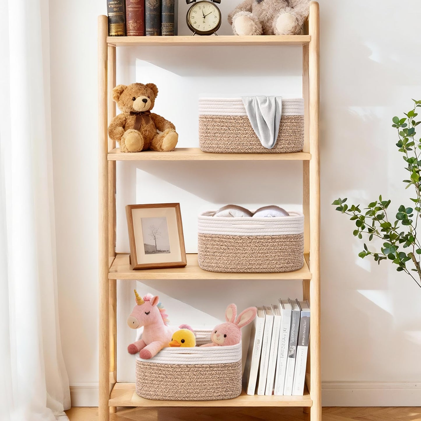 Storage Baskets for Shelves, 2 Pack Shallow Basket - 10.5" x 10.5" x 5.5", Rope Baskets for Organizing Toys, Snacks, Cube Storage Bins for Closet, Bedroom, Nursery, Brown & White