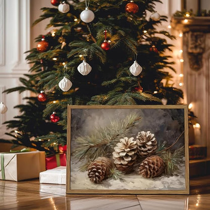 Framed Vintage Christmas Canvas Wall Art, Pine Cones Wall Decor Paintings, Winter Holiday Aesthetic Pictures Prints Rustic Home Decor for Living Room Bedroom Farmhouse 16×24 inch