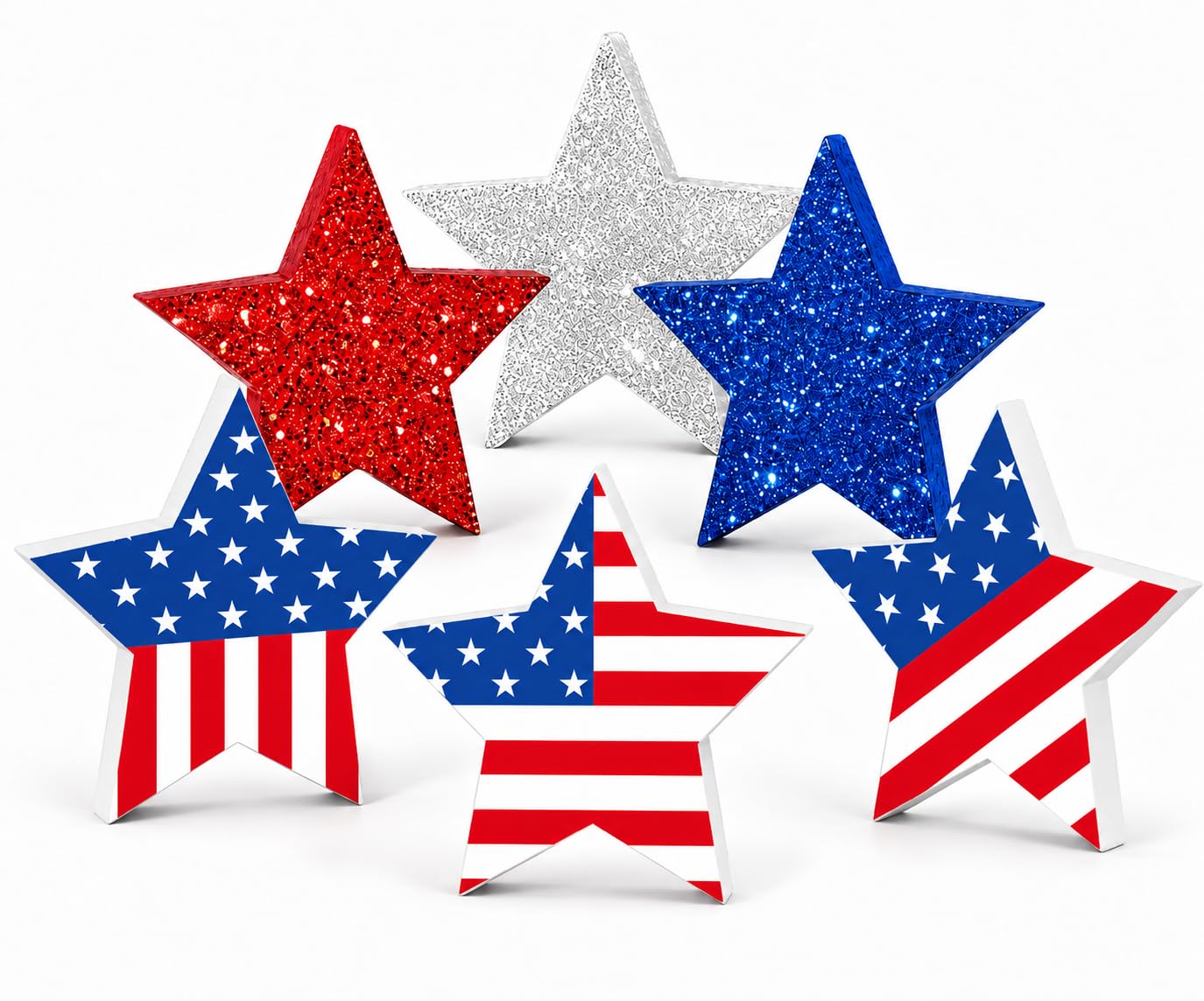 6 Pcs 4th of July Decorations Patriotic Wooden Star Signs Red White Blue Memorial Day Tiered Tray Decor Americana Table Home Decor for Independence Day Shelf Kitchen Office