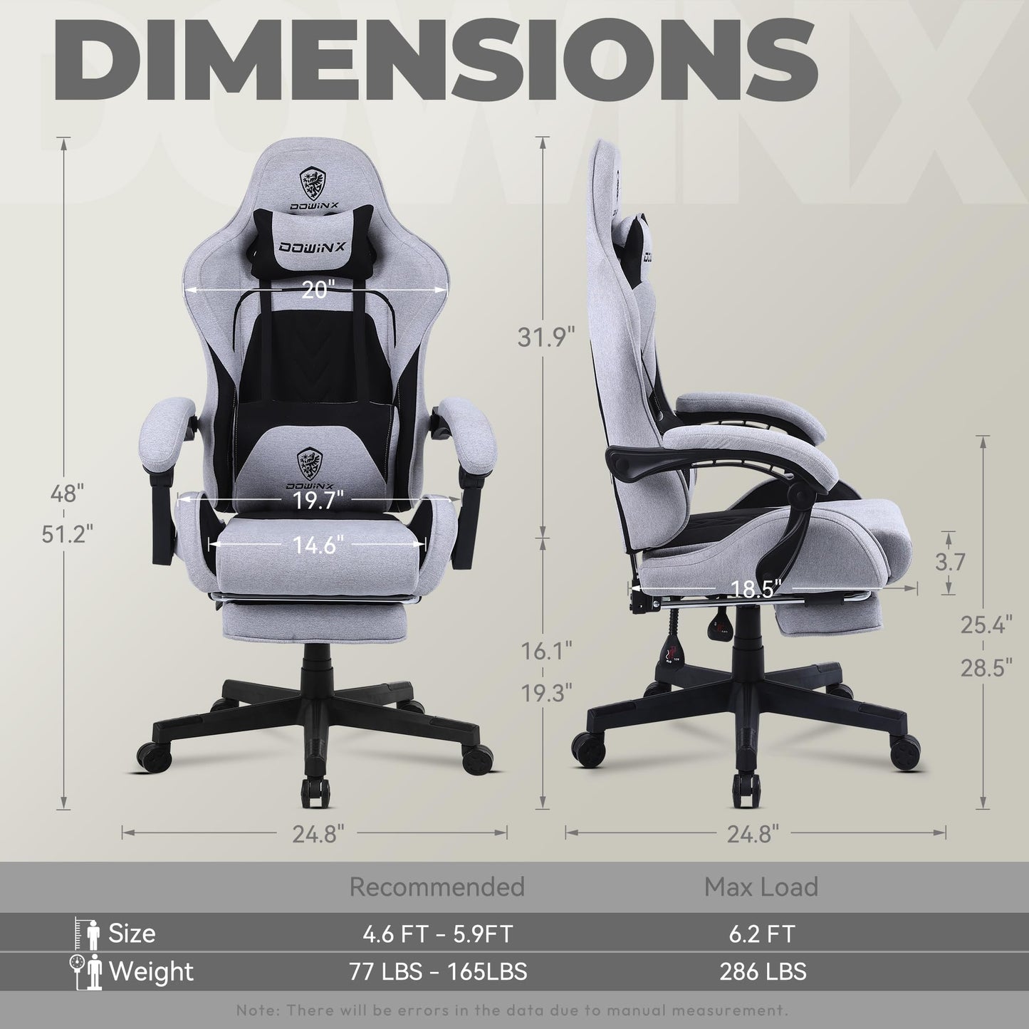 Dowinx Gaming Chair Fabric with Pocket Spring Cushion, Massage Game Chair Cloth with Headrest, Ergonomic Computer Chair with Footrest 290LBS, Black and Grey