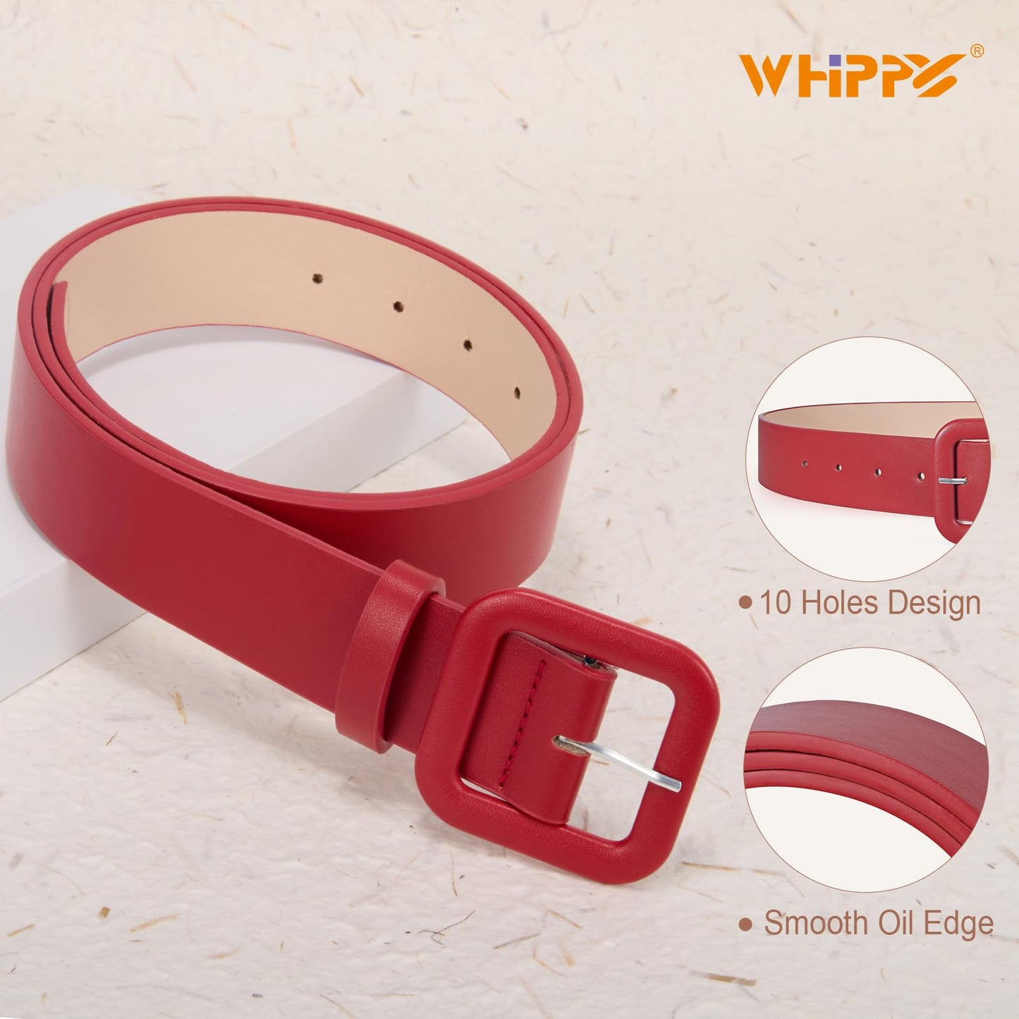 WHIPPY Women Leather Belt Candy Color Fashion Square Buckle Belt Ladies Belt for Jeans Pants Dresses, Bright Red, M