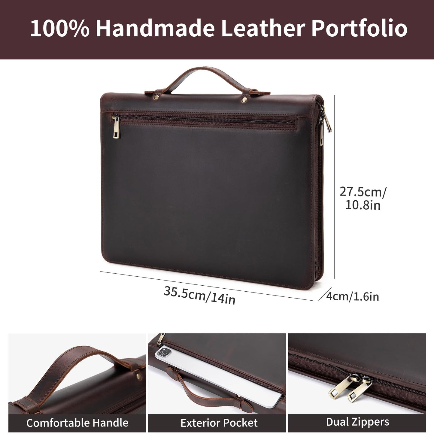 Geslun Genuine Leather Portfolio with Hidden Handle, Zippered Front Pocket, Business Padfolio for Men and Women, 8.5 x 11 Legal Pad Notebook Holder, Office Letter Notepad Folio, Dark Brown