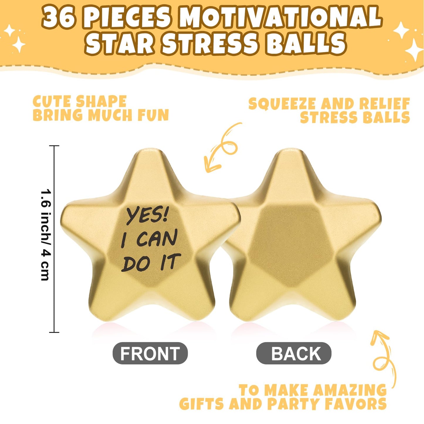Deekin 36 Pieces Star Stress Balls Mini Foam Ball Stress Relief Squeeze Toys Mini for Kids Teens and Student Adults Gifts Bag Fillers at Work School Home(Motivational,1.6 Inch)