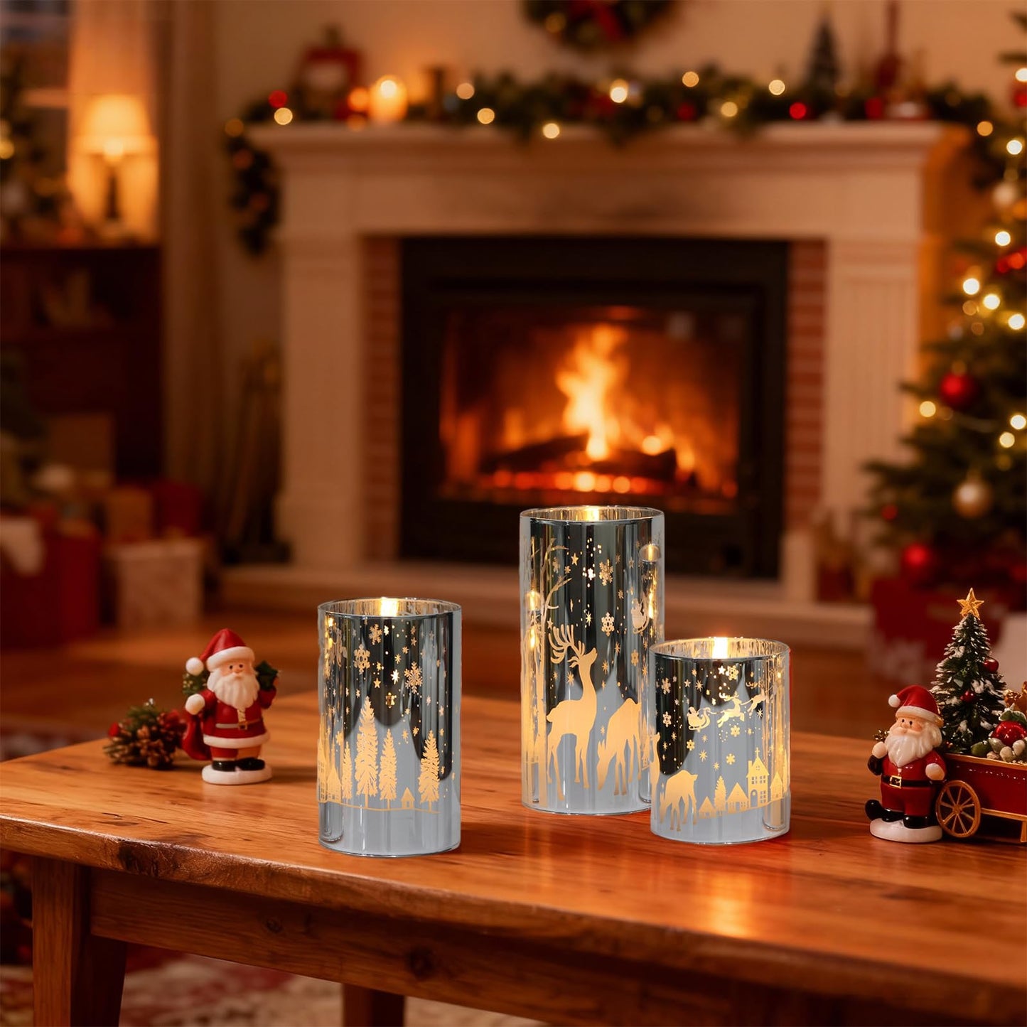 DRomance Christmas Flameless Candles Battery Operated with 10-Key Remote and Timer 3D Wick Flickering Electroplating Glass Reindeer LED Candles Indoor Holiday Decorations(Silver, 3" D x 4", 5", 6" H)