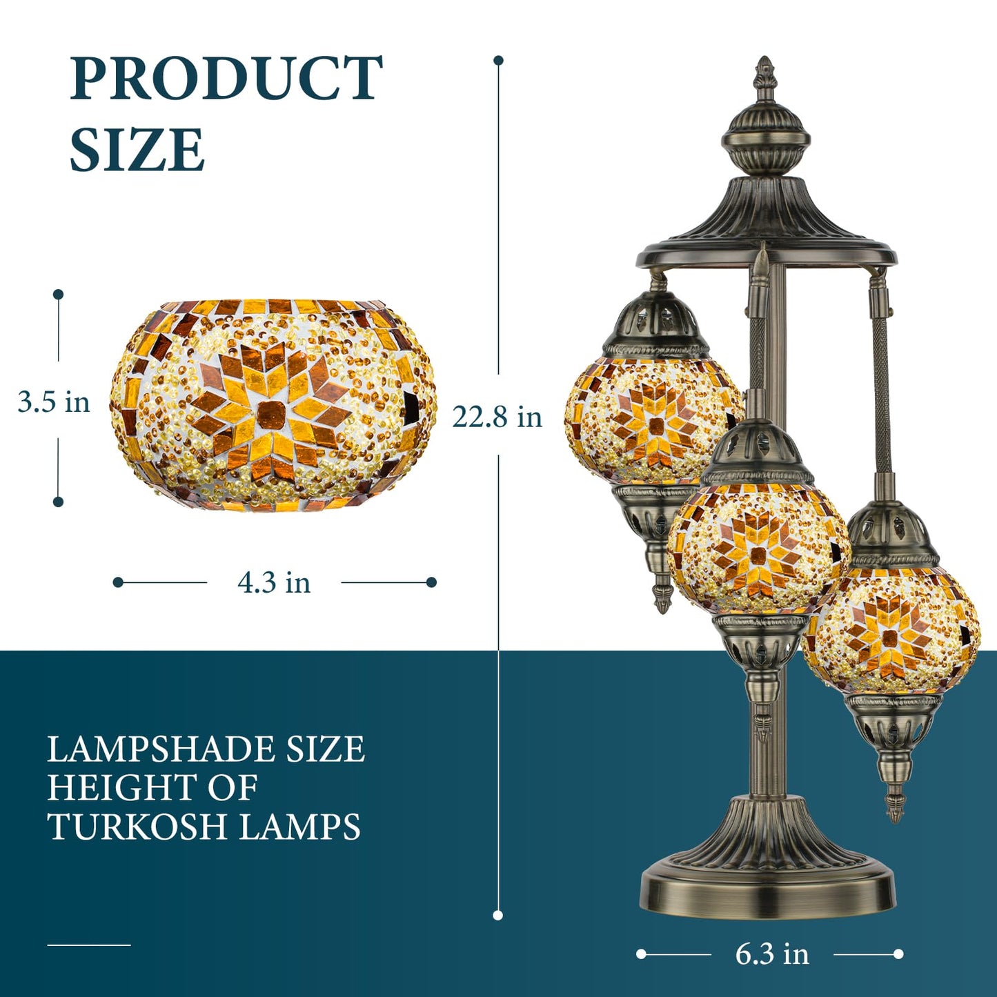Marrakech Turkish Lamp 3 Globes Moroccan Table Lamp with Bronze Base, 23" Tall Handmade Yellow Tiffany Mosaic Glass Night Light Fixture Including LED Bulb for Living Room Bedroom Decor