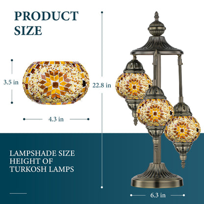 Marrakech Turkish Lamp 3 Globes Moroccan Table Lamp with Bronze Base, 23" Tall Handmade Yellow Tiffany Mosaic Glass Night Light Fixture Including LED Bulb for Living Room Bedroom Decor