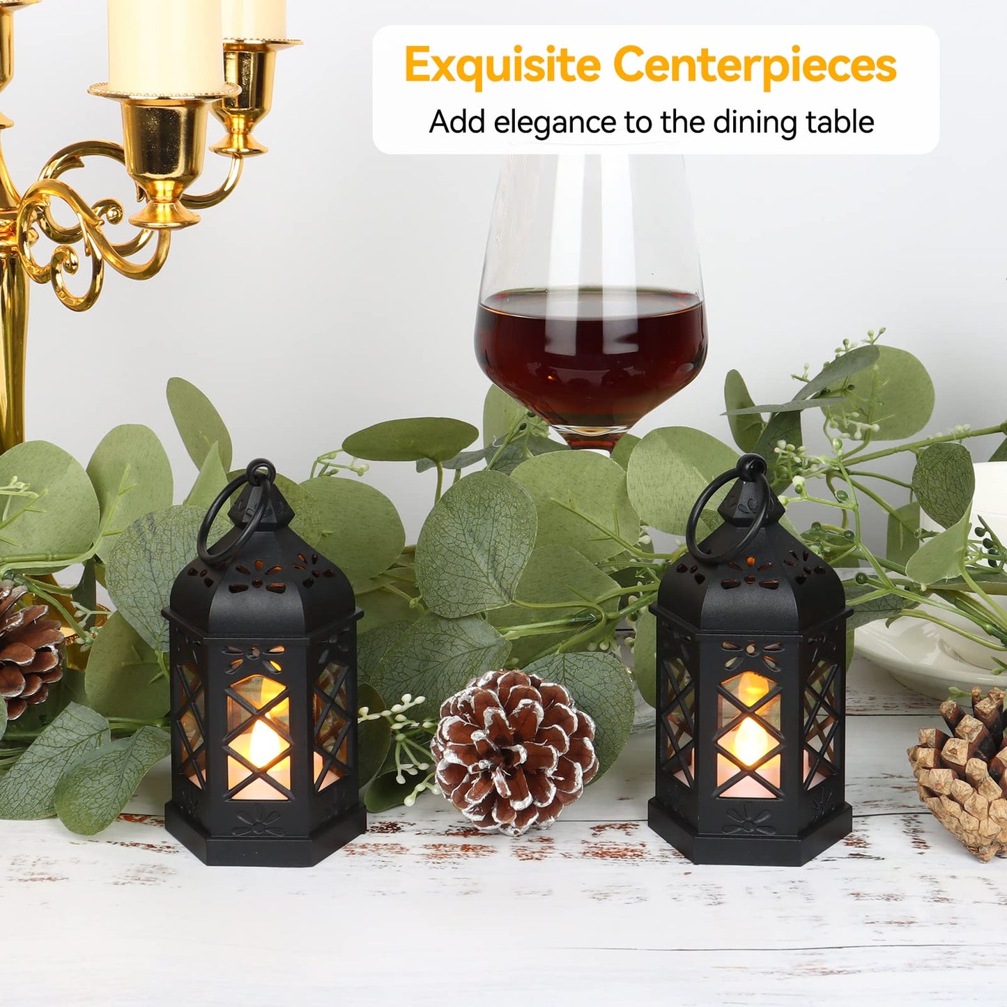 Reperla 12-Pack Mini Lanterns, Small Candle Lanterns Decorative, Black Tea Light Lantern, Ramadan Eid Decor, Table Centerpiece for Wedding Halloween Christmas, Easter Decorations, Battery Included
