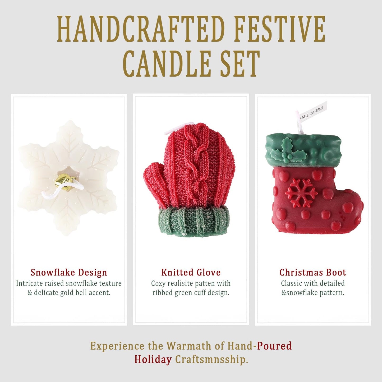 3 Pcs Christmas Snowflake Candles for Table Decorations, Premium Natural Christmas Snow Stocking Glove Shaped Taper Candles with Cotton Wick for Xmas Holiday Party Supplies