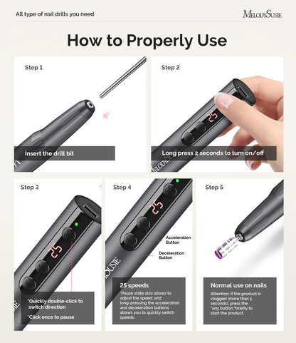 MelodySusie Cordless Nail Drill, PC180E 25,000RPM Rechargeable Eletric Nail File with Nail Drill Bits, Sanding Bands for Home Using