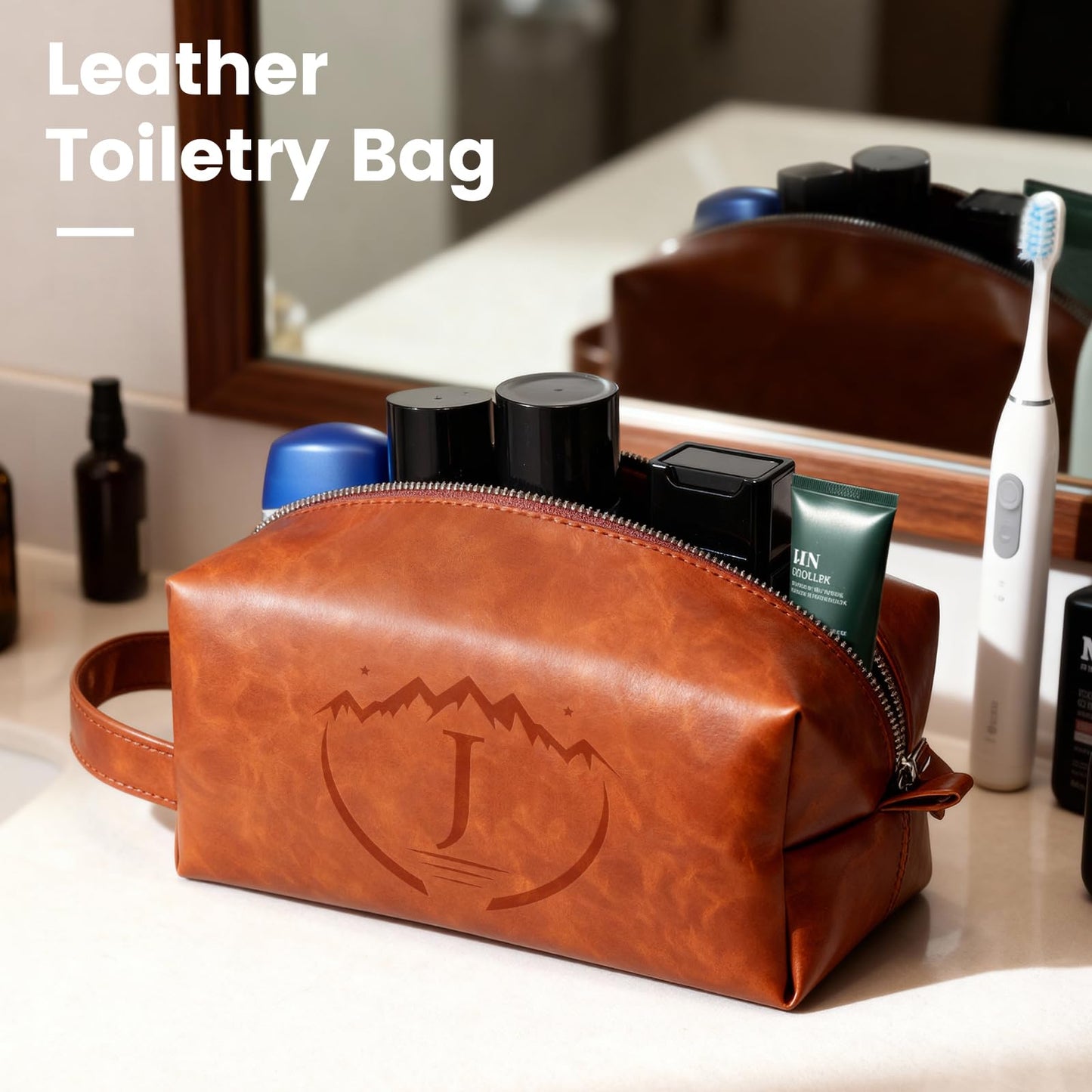 BagUrshion Toiletry Bag for Men,Mens Travel Toiletry Organizer,Personalized Men's Travel Essentials,Water Resistant PU Leather Shaving Bag for Dad Husband Boyfriend, Birthday Gifts for Him,Brown - J