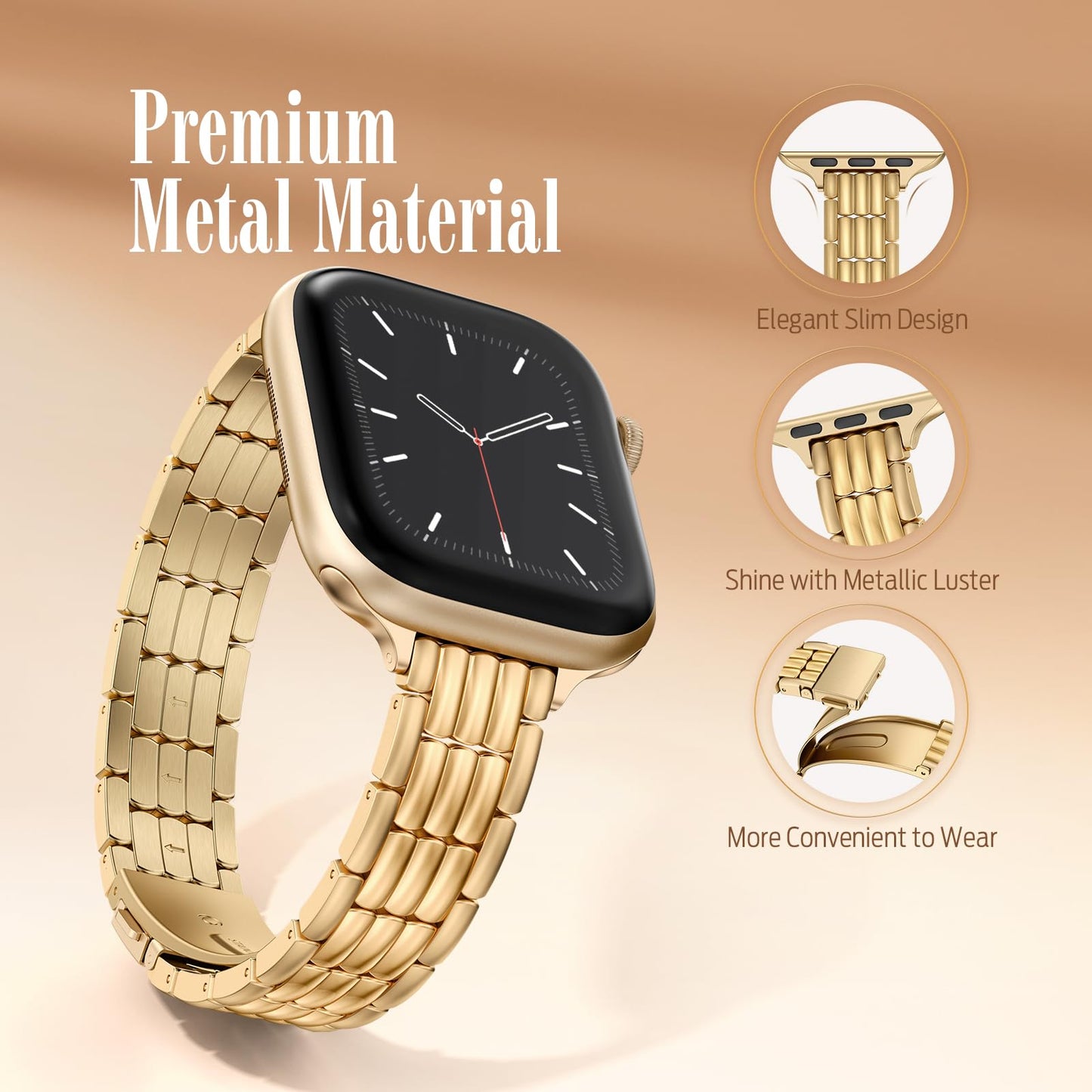 Wearlizer Slim Metal Band Compatible with Apple Watch Bands 41/40/38/42mm Women, Dressy Thin Stainless Steel Strap Silver Link Bracelet for iWatch Series 11 10 9 8 7 6 5 4 3 2 1 SE Gold