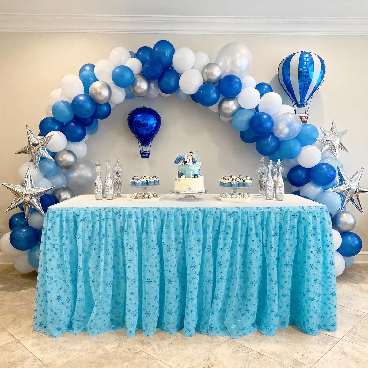 Deugold 6ft Blue Table Skirts Party Birthday Decorations,2 Pack Table Cloth Desk Skirts for Baby Shower Princess Girls Cake Dessert Buffet Decorations