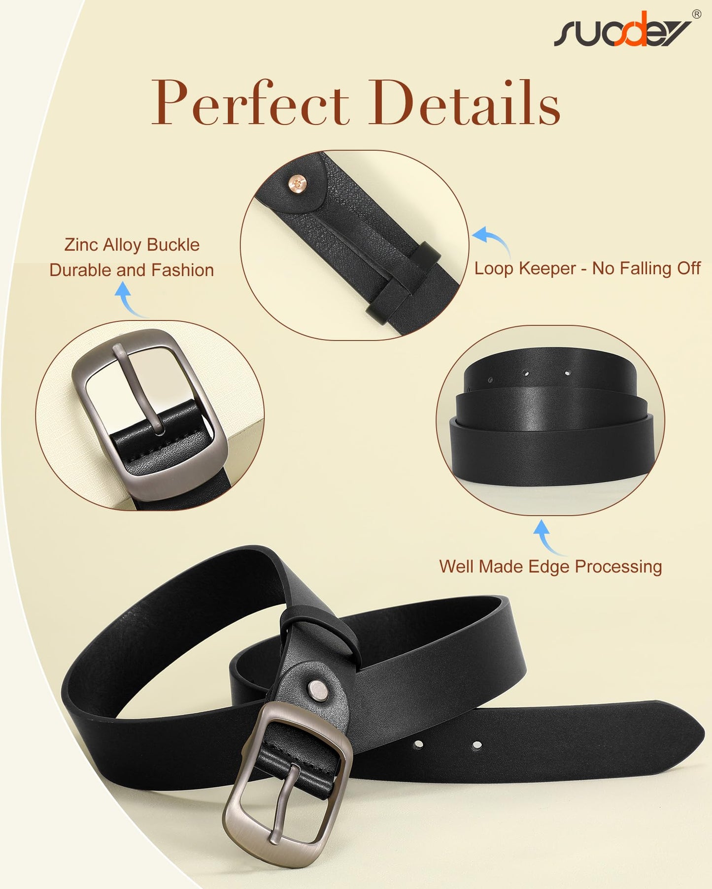 SUOSDEY 2 Pack Womens Genuine Leather Belts, Waist Belt with Pin Buckle for Jeans Pants,black and coffee,width 1.3'',X-Large: fits waist from 43''-46''