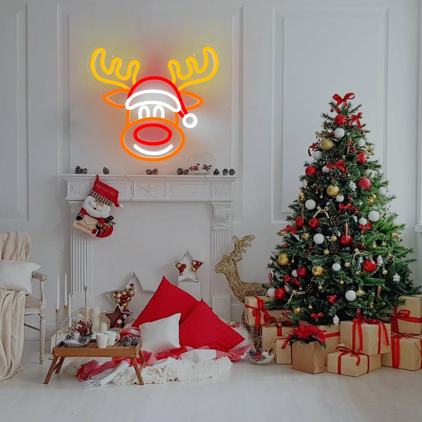 Vveikea Christmas Neon Sign Elk Neon Lights Christmas Deer Led Sign Dimmable Reindeer Neon Window Lights Xmas Light Up Sign for Wall Decor