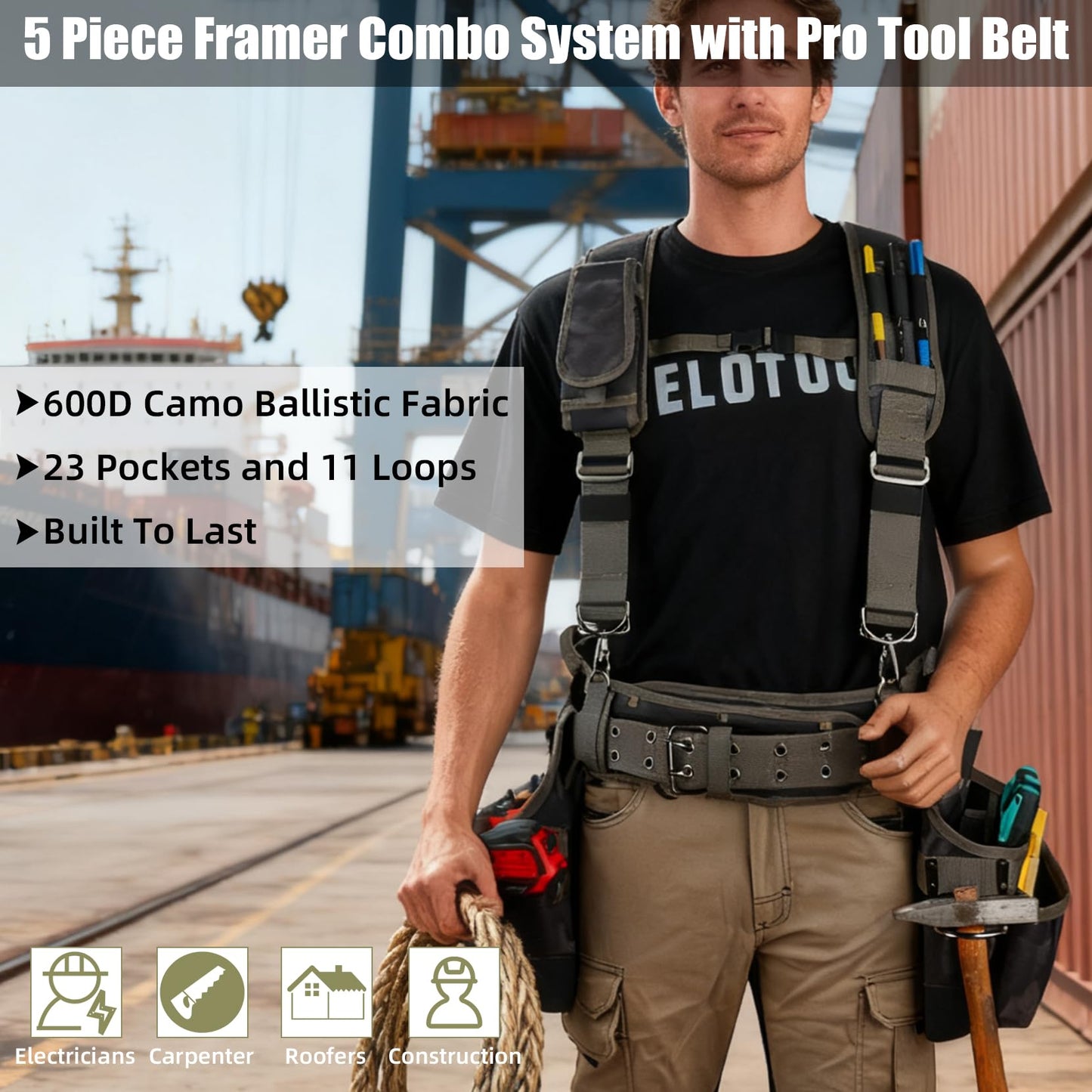 MELOTOUGH Camo Tool Belt with Suspenders Camouflage Tool Pouch Organizer Supenders Framers Combo Apron Tool Belt Construction Tool Bag Suspenders Heavy Duty Carpenter Suspension Rig (Green Camo)