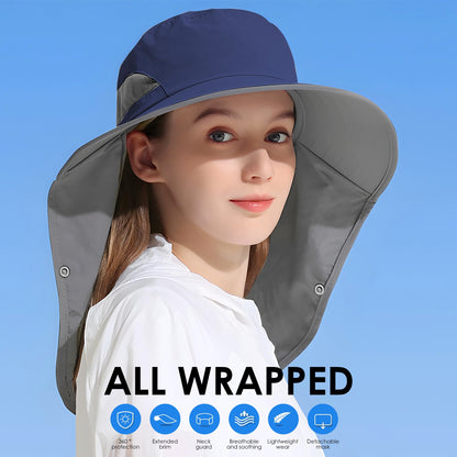 Outdoor Sun Hat Detachable Neck Face Flap UPF 50+UV Protection Visor Fishing Hats with Neck Flap for Men & Women Navy