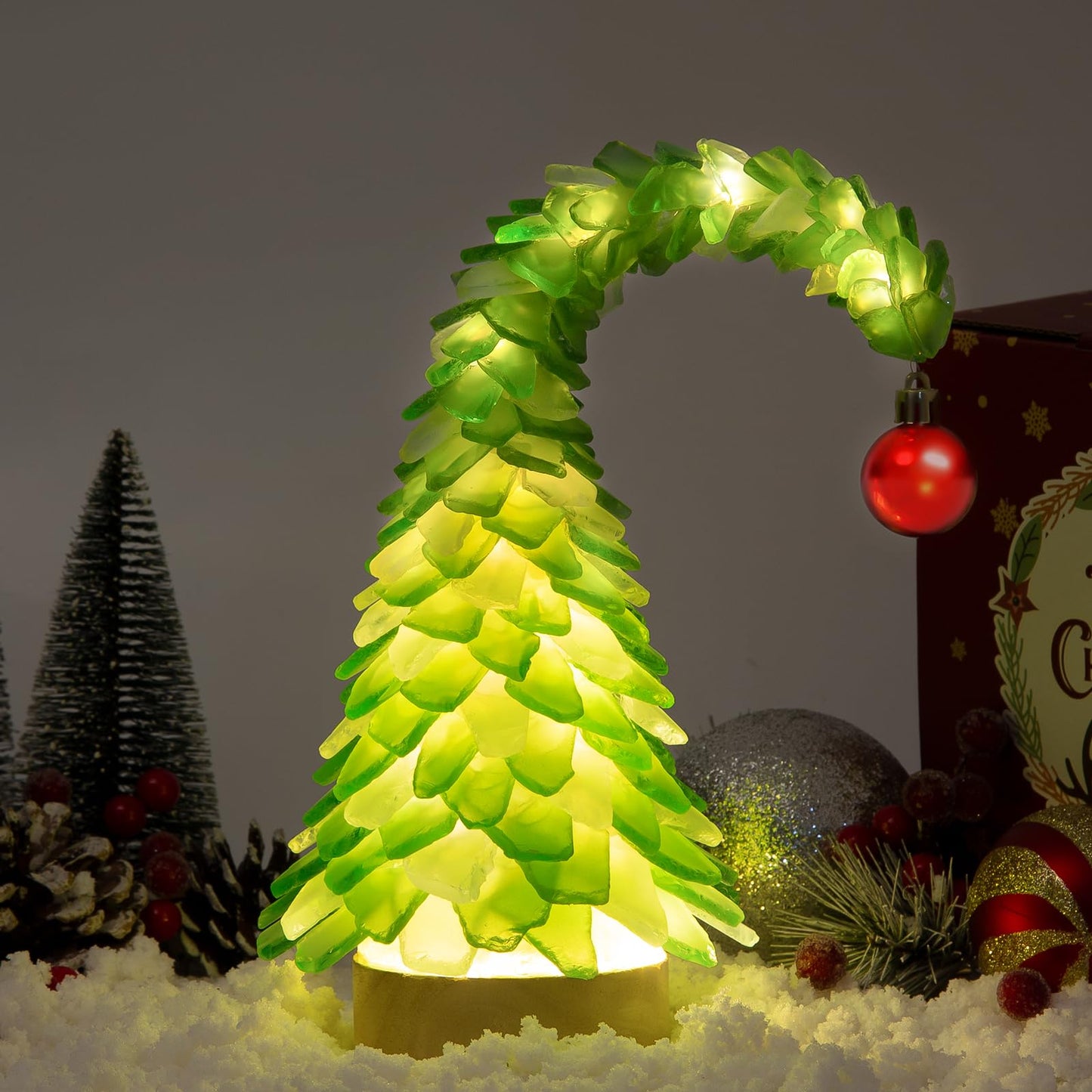 Crooked Sea Glass Christmas Tree with LED Lights - Handcrafted Whimsical Mini Green Christmas Tree, Ideal for Christmas, New Year, Coastal Holiday Decor & Gifts, Versatile Home Decor