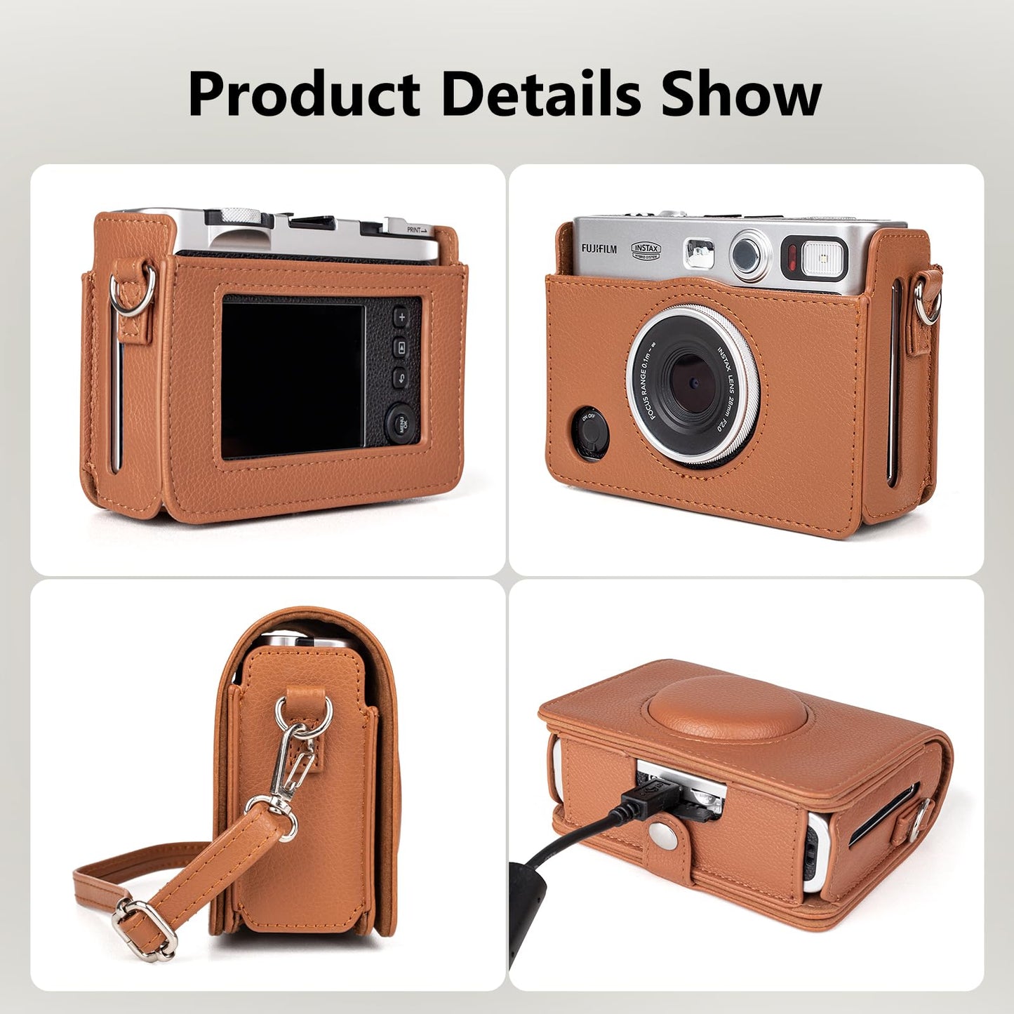 MUZIRI KINOKOO Instax Mini EVO Case with Photo Print Slot Lychee-Grain PU Leather Fuji Mini EVO Camera bag with Adjustable Shoulder Strap&Precise Charging Port&Detachable Protective Cover-Brown