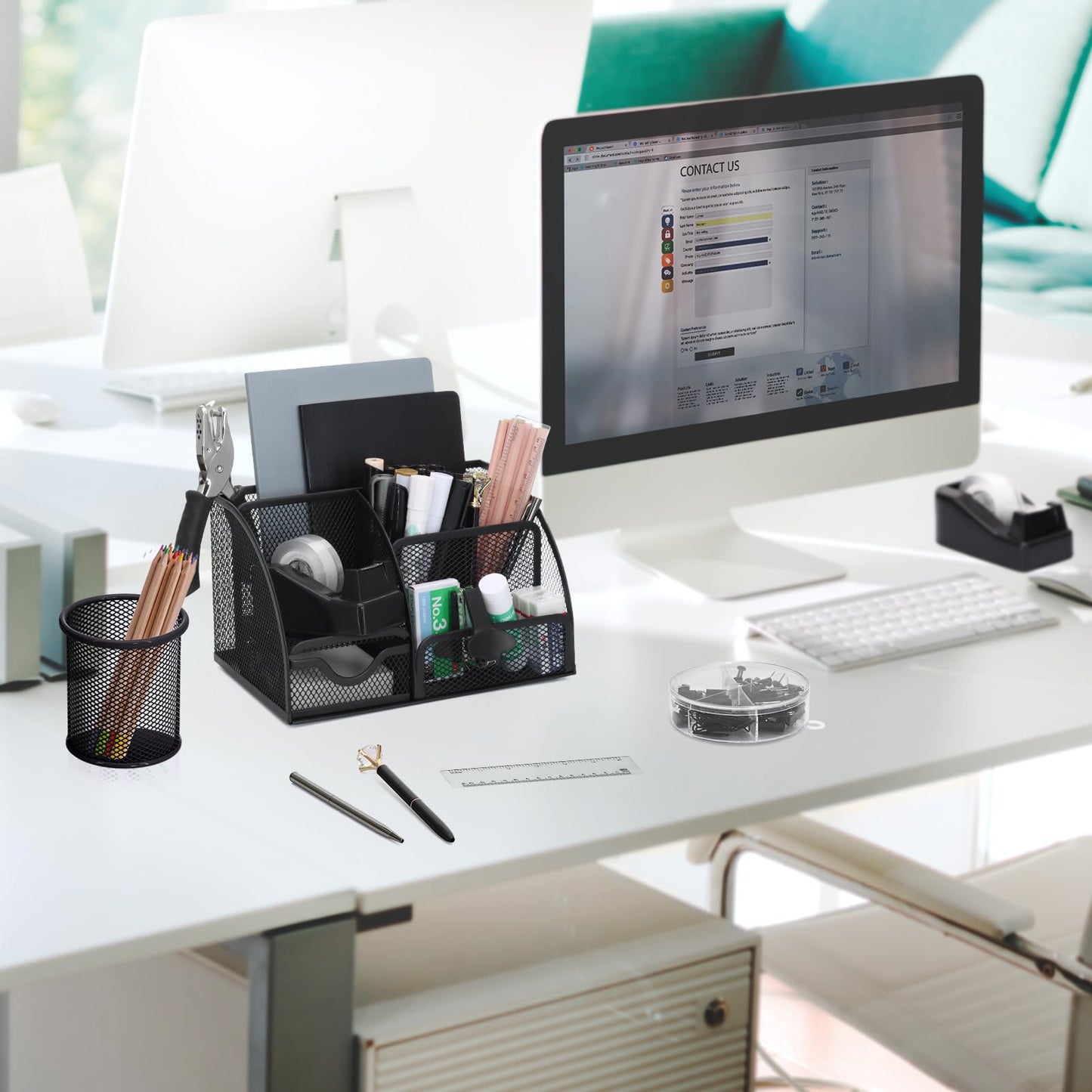 SYMDROMIA 13-in-1 Office Desk Organizer Set with Stapler and Tape Dispenser, Pen Holder, Scissors, Ruler, Hole Punch, 2 Pens & More Desktop Accessories for Back to School Supplies (Black)