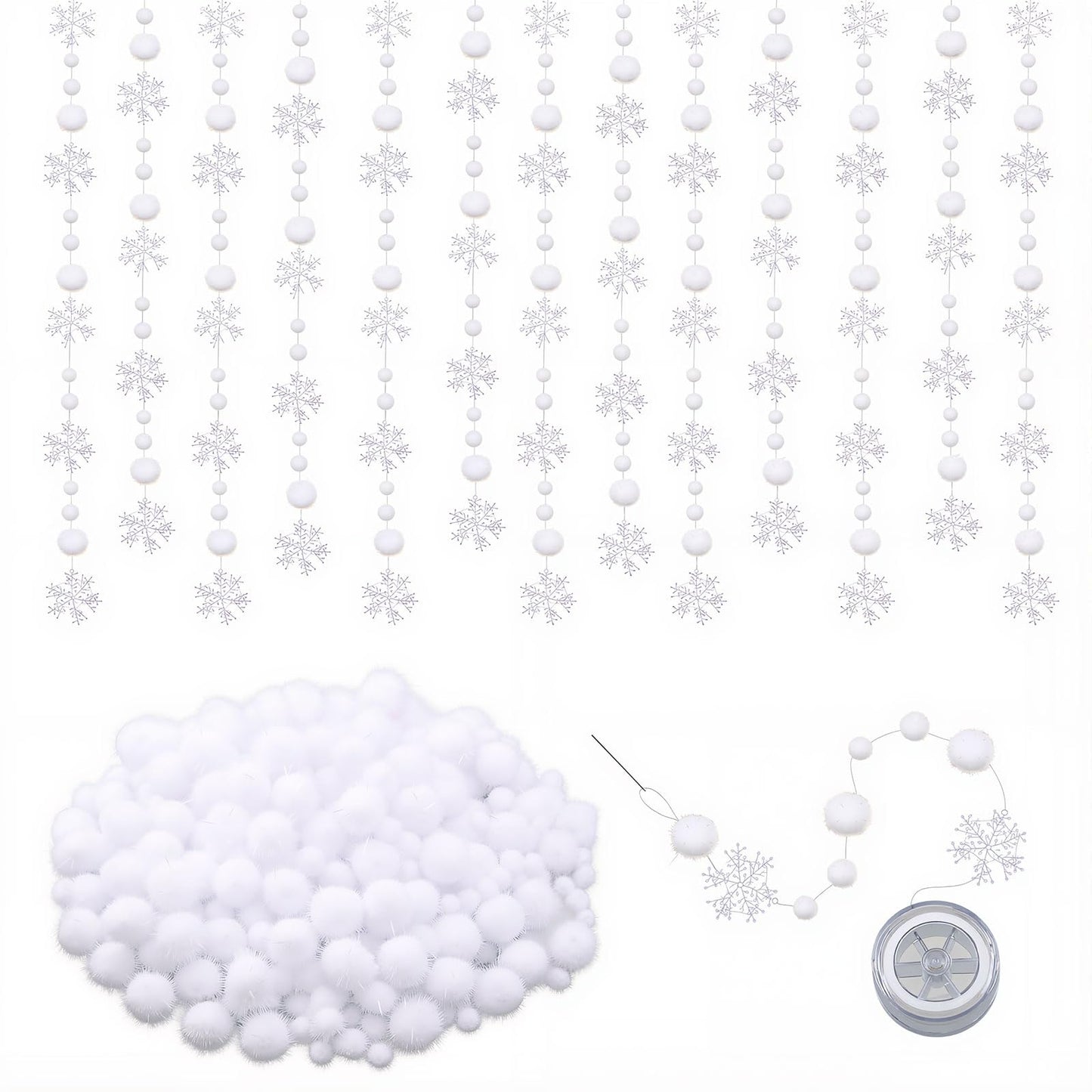 Seenelling White Ball with Snowflake Garland Winter Wonderland Party Decorations DIY Hanging Banner Ornaments Felt Snowball Pom Pom Plastic Snowflake Needles and Line