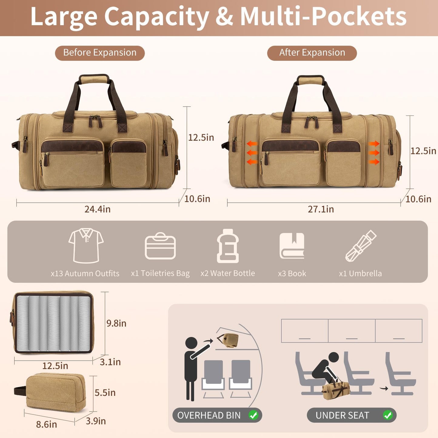 Mens Duffle Bag for Travel 60L Expandable Canvas Weekender Overnight Travel Duffel Bag with Shoe Compartment Carry-On for Airplanes Khaki