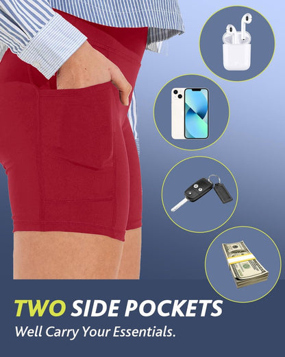 CAMPSNAIL Biker Shorts Women with Pockets - 3"/5"/8" High Waisted Workout Spandex Tummy Control Gym Running Yoga Shorts Red