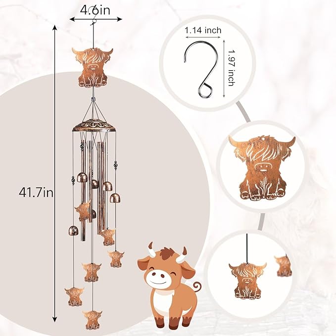 Highland Cow Wind Chimes for Outside,41" Metal Windchimes, Housewarming/Halloween/Festival/Birthday/Anniversary Highland Cow Gifts for Women/Men, Cow Decorations for Outside, Patio or Yard, Garden