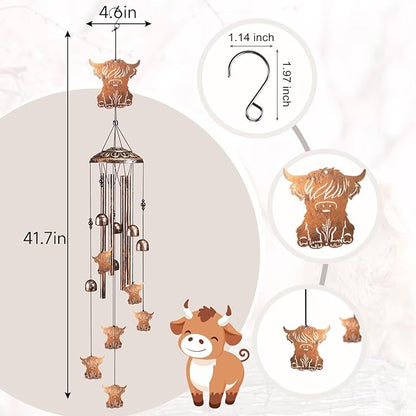 Highland Cow Wind Chimes for Outside,41" Metal Windchimes, Housewarming/Halloween/Festival/Birthday/Anniversary Highland Cow Gifts for Women/Men, Cow Decorations for Outside, Patio or Yard, Garden