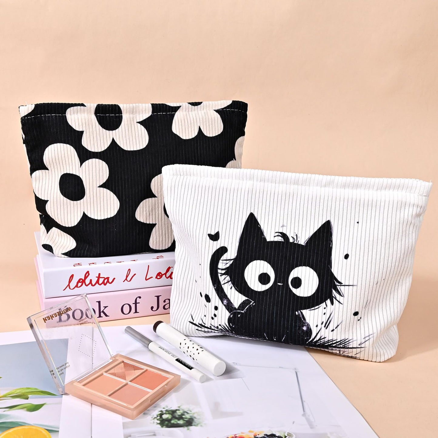 Ksriylm Cute Makeup Pouch for Women Flower Small Make Up Bag for Purse Zipper Initial Cosmetic Bags Pouches for Purse Aesthetic Travel Toiletrybags Gift,Black White Floral