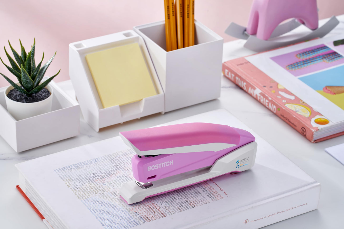Bostitch Office InPower Spring-Powered Desktop Stapler, 20 Sheet Capacity, One Finger Stapling, Includes 210 Staples, Jam Free, Opens for Tacking, Breast Cancer Awareness Pink