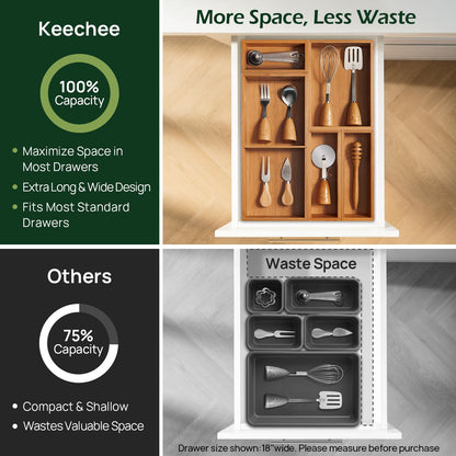 Carbonized Bamboo Kitchen Drawer Organizer, 8 Slots Silverware Organizer, Utensil Holder & Cutlery Tray, 2.2" Deep for Extra Capacity, Non-Slip Feet Included