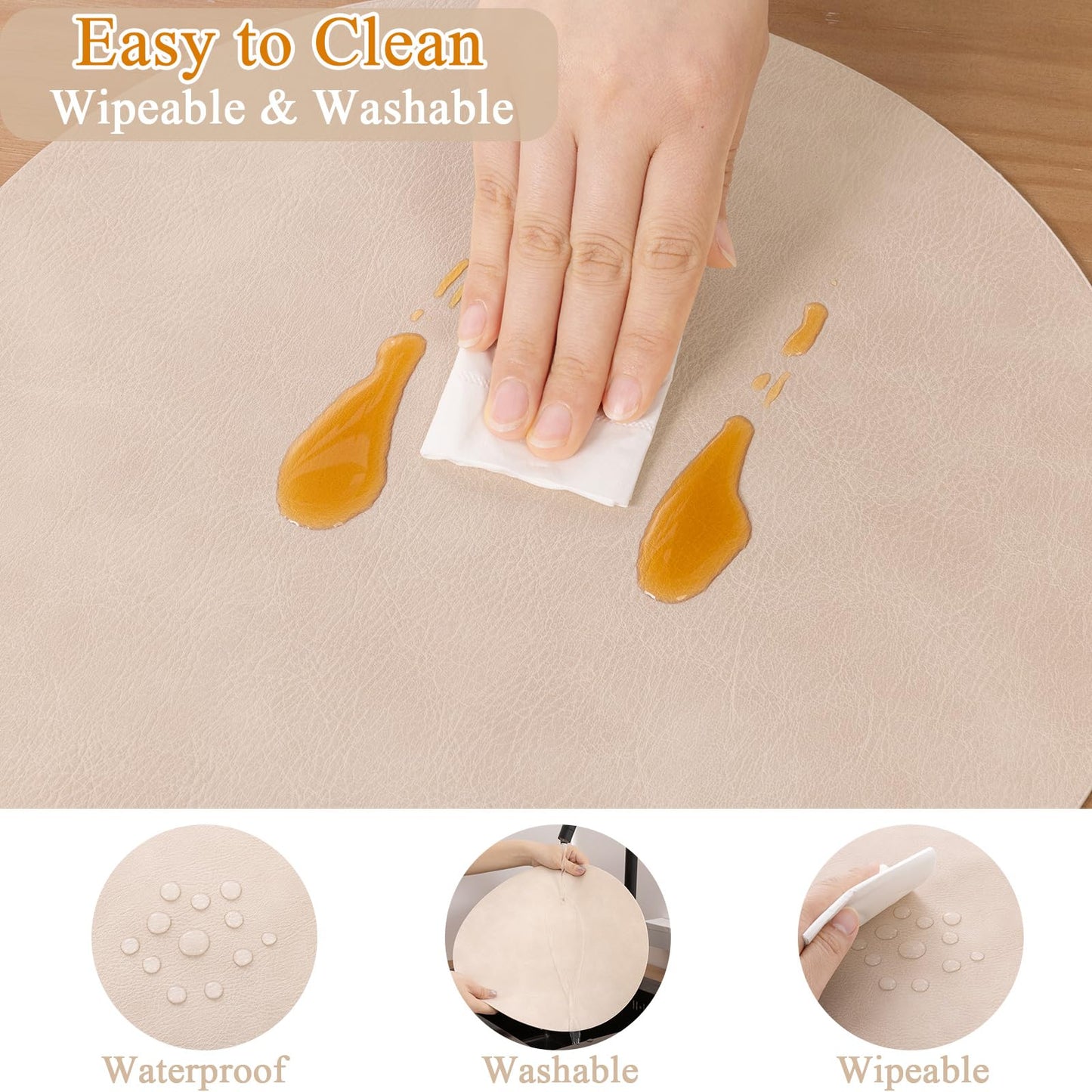 SHACOS Faux Leather Oval Placemats Set of 6 Waterproof Heat Resistant Washable Wipeable Place Mats Solid Table Mats for Kitchen Dining Room Decor, White Oak Beige