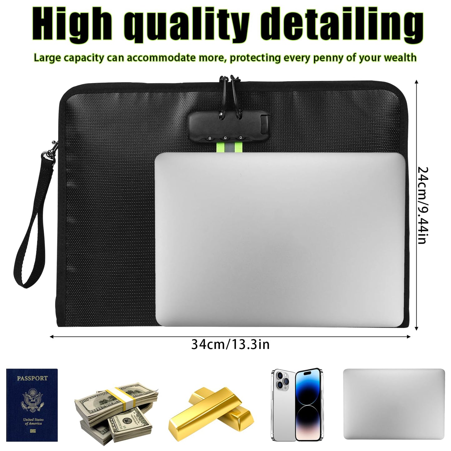 5200℉ Fireproof Waterproof Document Bag (34x24x2.8cm), Safe Fireproof Money Bag with Digital Combination Lock for Documents,Passports,Cash,Valuables