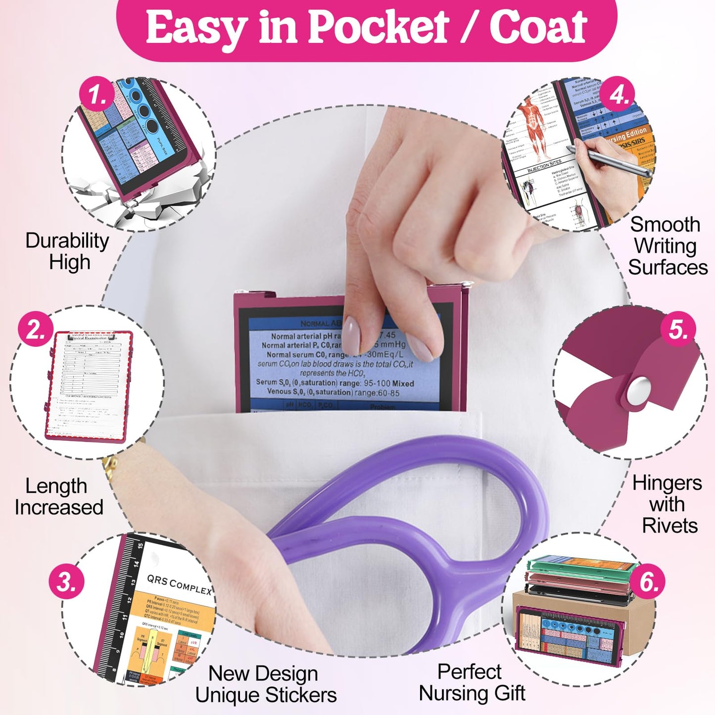 Nursing Clipboard Foldable-4 Layers Aluminum Nurse Foldable Clipboard Nursing Medical Edition Cheat Sheets, Pocket Size Pen Clip for Nurses Students School and Doctors- Wine