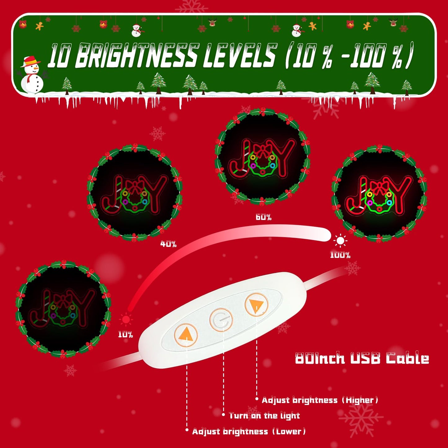Neon Sign Christmas Joy Led Sign Candy Neon Decorations Dimmable Light Up Sign for Party Bedroom Kids Gift Living Room Winter Home