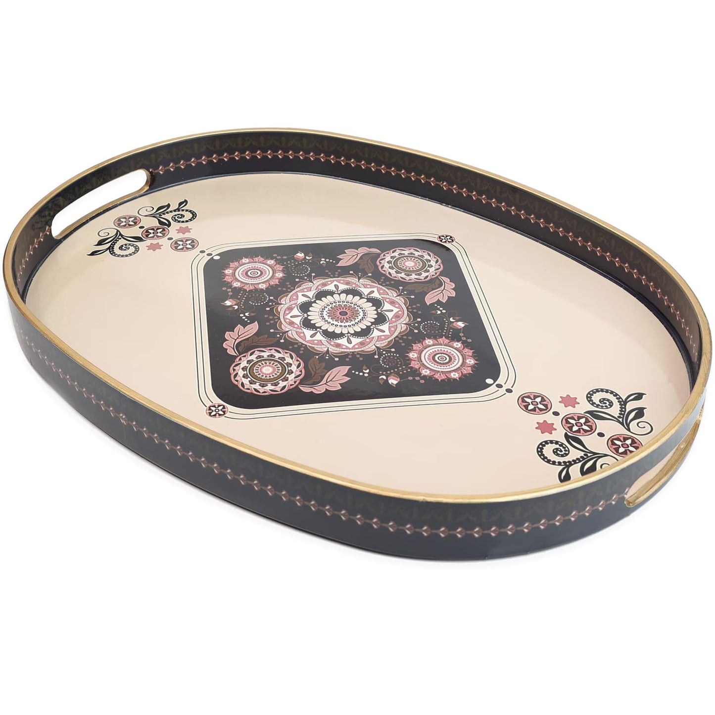 Omuriko Oval Plastic Serving Tray with Handles, Elegant Decorative Tray for Coffee Table, Ottoman, Living Room, Kitchen, Outdoor Use. 10"*16"*1.4" C