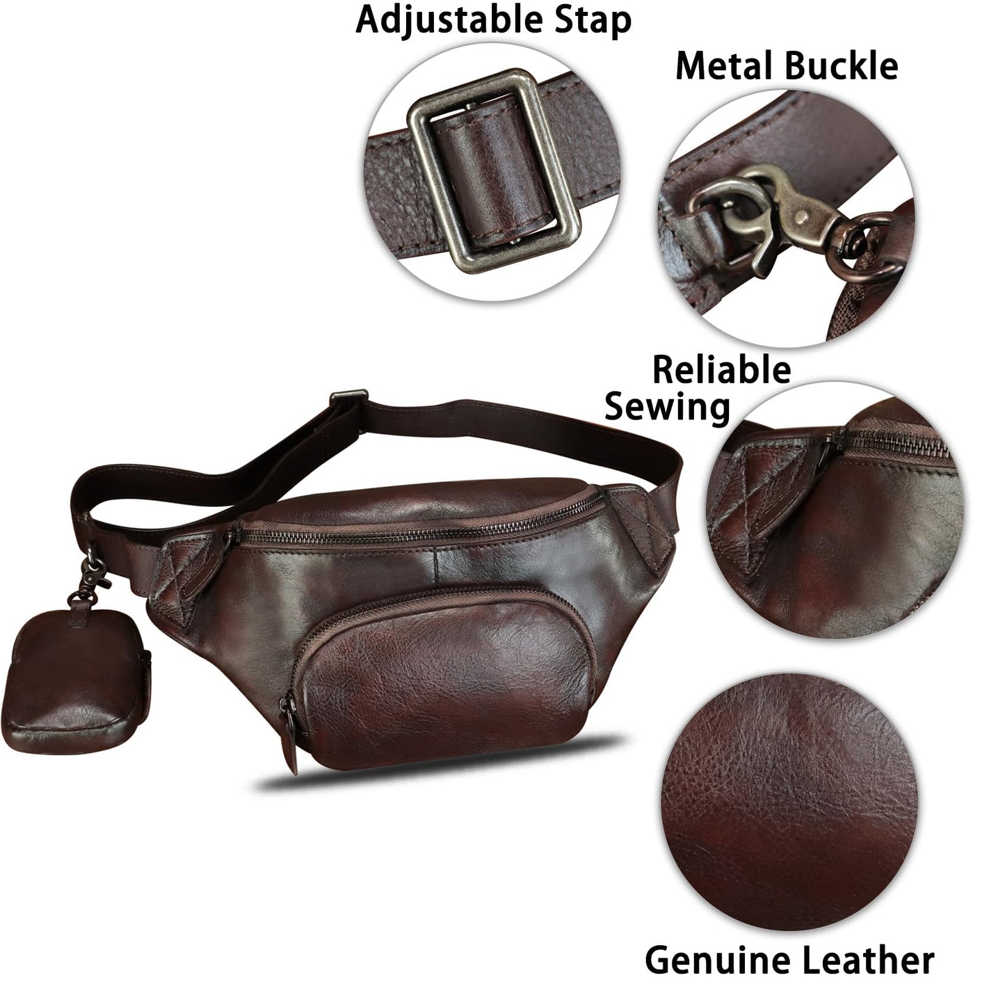 LRTO Genuine Leather Waist Bag Hip Bag Fanny Packs for Women and Men Real Leather Fanny Bag Sling Bag Crossbody Bags Chest Purses (Coffee), LRTO-77481