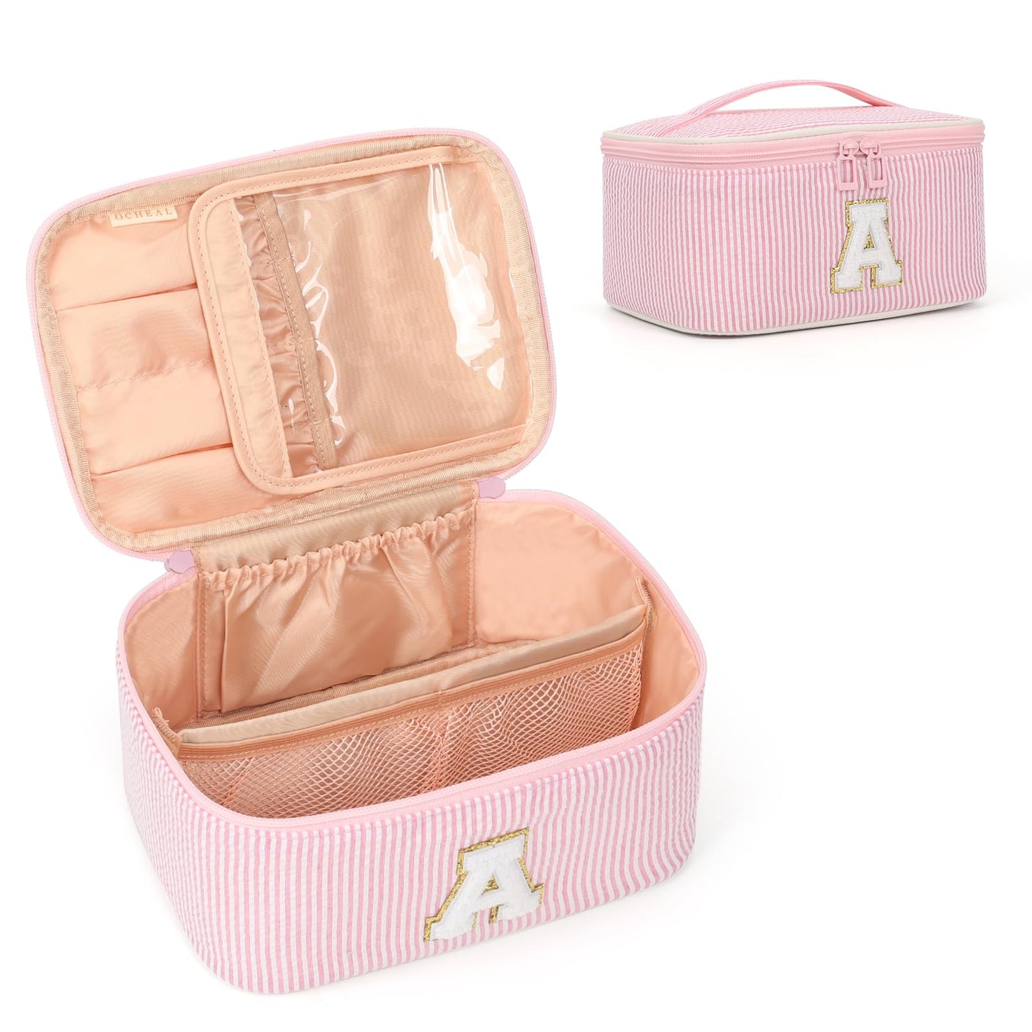 OCHEAL Makeup Bag for Women, Monogram Cosmetic Bag Pink Travel Makeup Case Beauty Toiletry Bag Organizer Personalized Gifts for Girls Bridesmaid, Sister, Wife, Friends Initial A