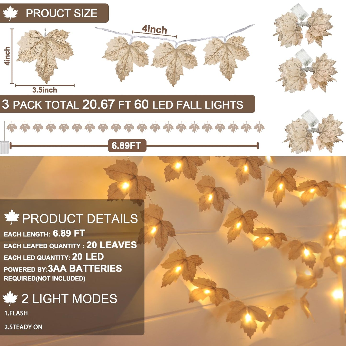 3 Pack Fall Decor - Fall Garland with Lights Fall Decorations for Home, Total 20Ft 60LED Thick Lighted Maples Leafed Autumn Garland Wedding Harvest Fireplace Party Christmas Thanksgiving Decorations