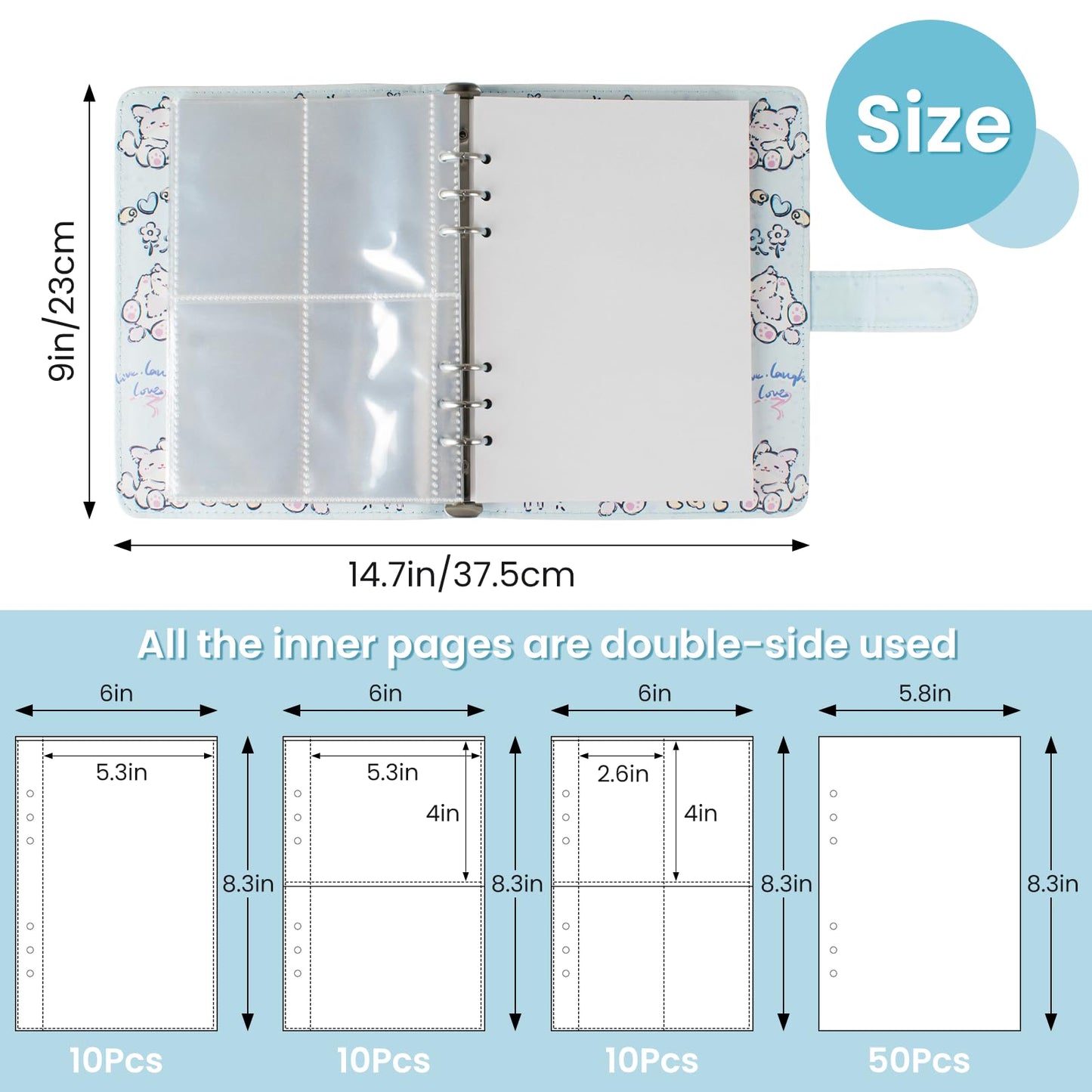 Reusable Sticker Book Collecting,A5 Binder Album Storage Organizer with Blank Release Paper and Pocket for Adult Kids,Cartoon Leather Binder Cover & Magnetic Buckle Closure(Blue)