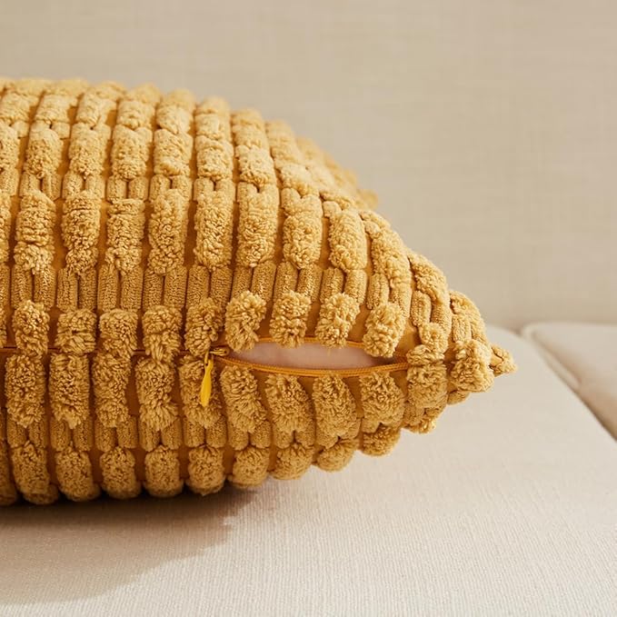 Fancy Homi Mustard Yellow Lumbar Decorative Throw Pillow Covers 12x24 Inch for Living Room Couch Bed Sofa, Rustic Farmhouse Boho Home Decor, Soft Striped Corduroy Rectangle Cushion Case 30x60 cm