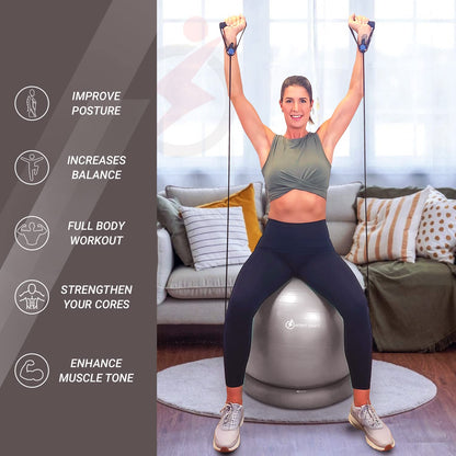 INTENT SPORTS Yoga Ball Chair – Stability Ball with Inflatable Stability Base & Resistance Bands, Fitness Ball for Home Gym, Office, Improves Back Pain, Core, Posture & Balance (65 Cm)