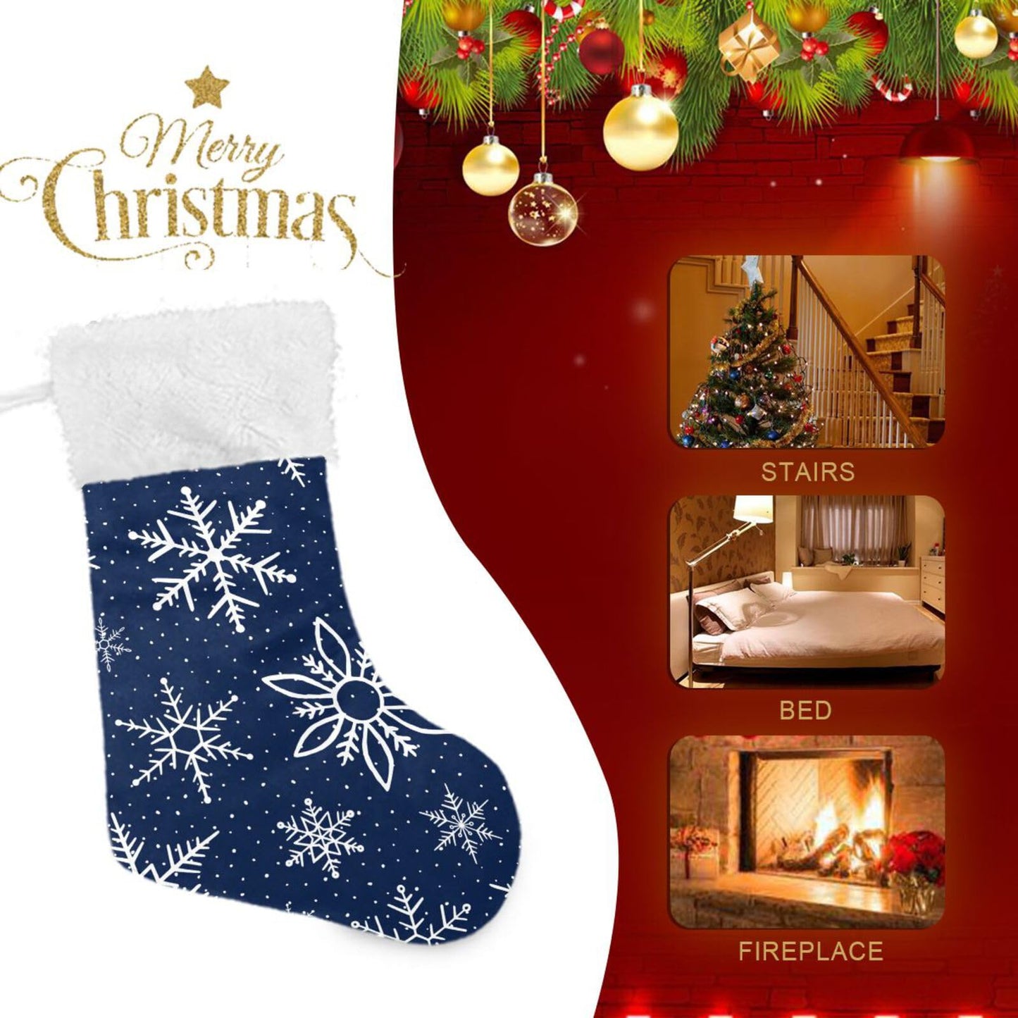 YETTASBIN Blue Snowflake Christmas Stocking 1 Pack, Large Xmas Tree Fireplace Hanging Stockings with Plush Fur Cuff for Family Holiday Party Decor Xmas Gifts, 18 Inch