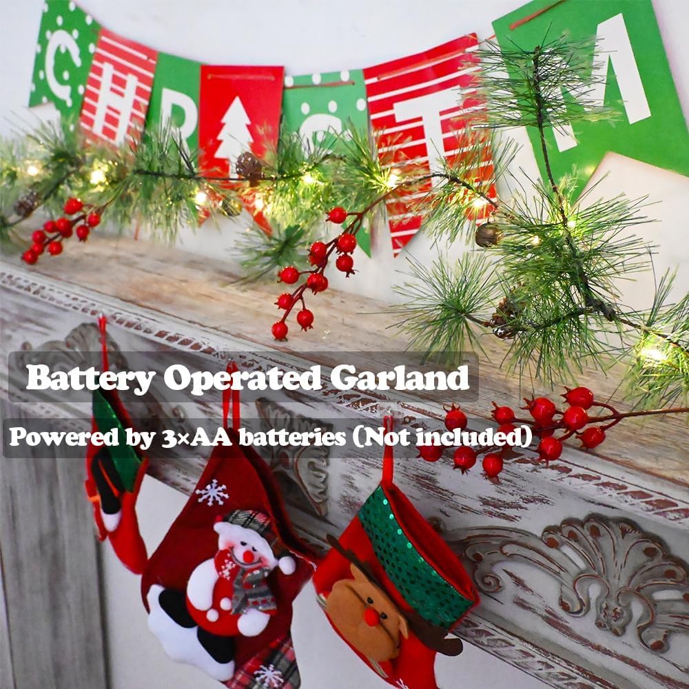 Christmas Garlands 6.56FT 30 LED Remote Garlands with Lights Battery Operated Pine Garland with Artificial Greenery Garland Christmas Decorations Timer & 8 Flash Modes