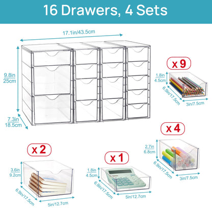 Vtopmart Acrylic Organizer with 16 Drawers (4 Set),Clear Storage Drawers for Office Supplies,Desk Organization and Storage for Makeup,Jewelry,Art Crafts