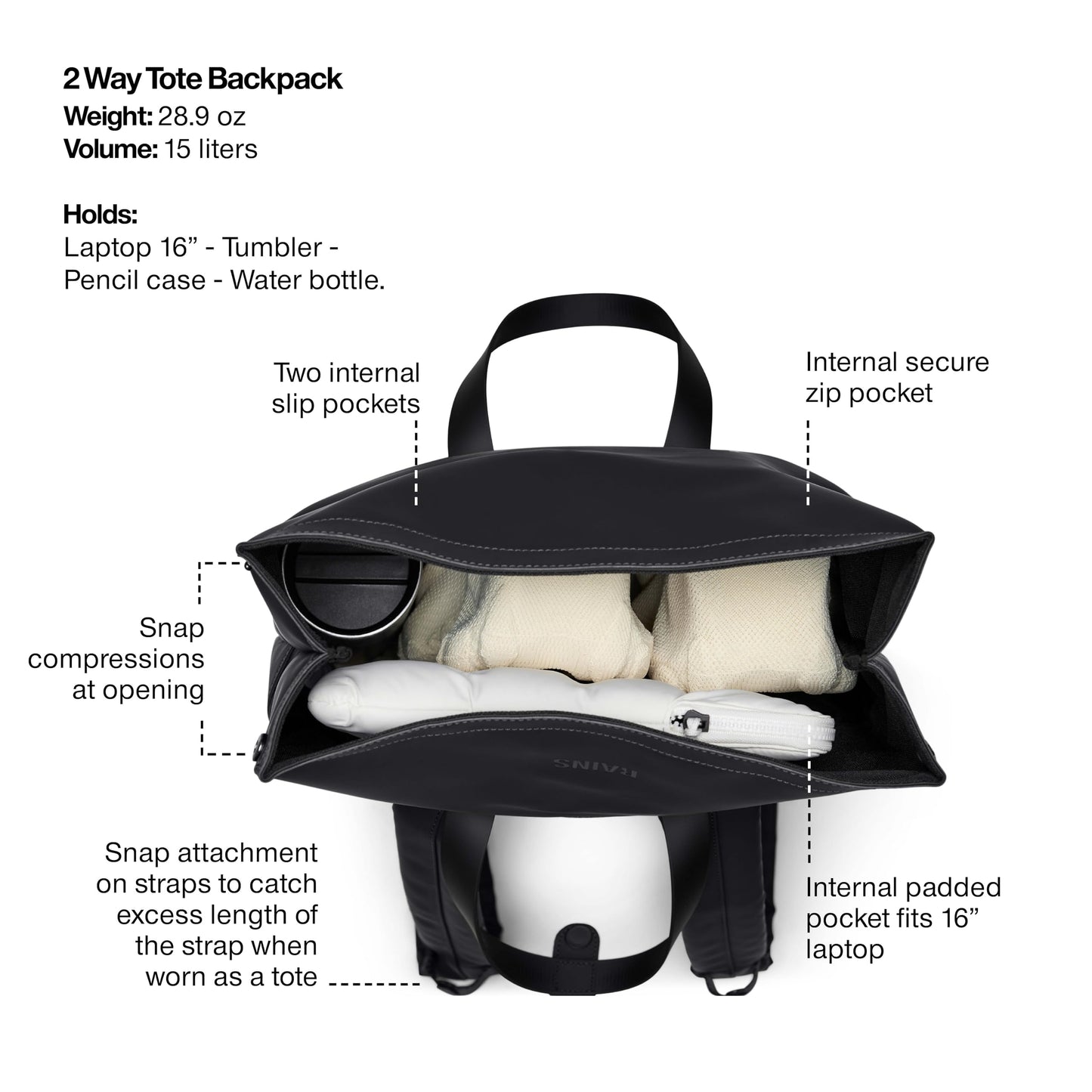 RAINS 2 Way Tote Backpack, Unisex for Men and Women, Black – Fits 16″ Laptop, Waterproof Commuter Backpack