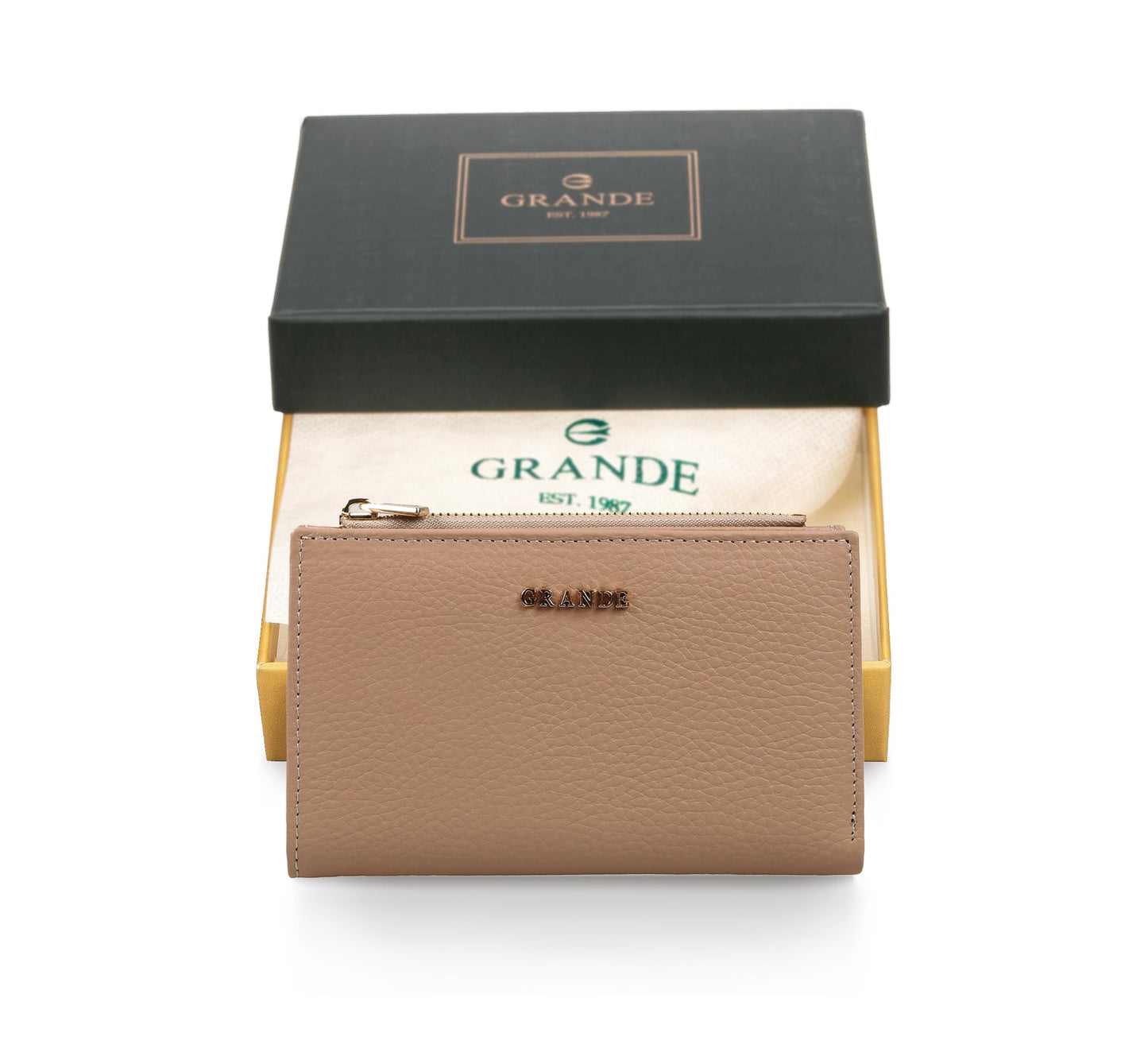 grande 2804 Genuine Leather Medium Bifold Wallet For Women Minimalist Wallet Ladies Zippered Mini Purse Small Card Holder (Cookie)