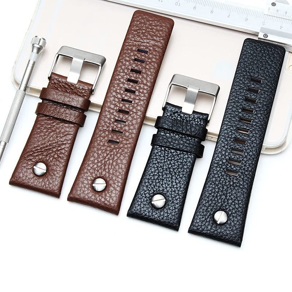 Adwoa Genuine Leather Replacement Straps Compatible for Men's 24mm 26mm 28mm Spring Bar Diesel Leather Watch Band Strap with Stainless Steel Buckle