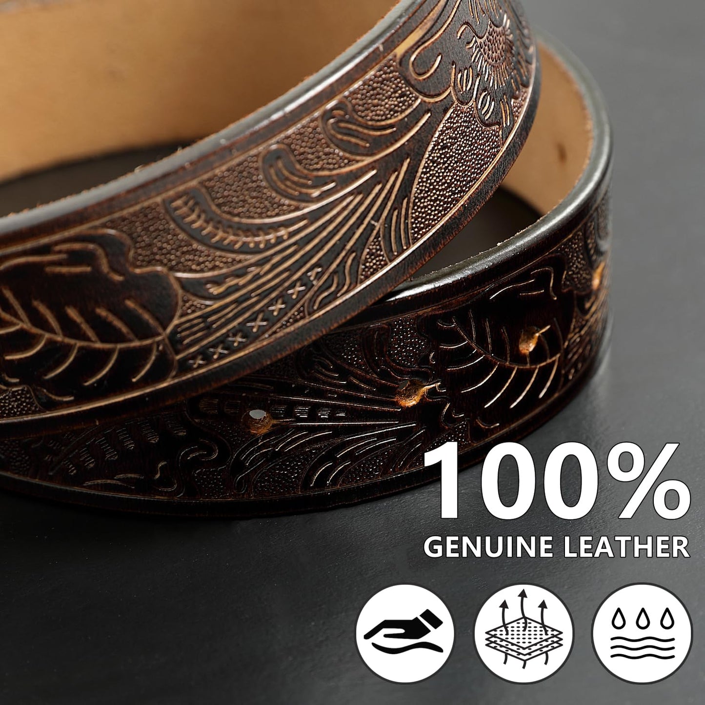 JIMJOY Men's Western Leather Belt Cowboy Belts for Men Big Engraved Buckle Belts