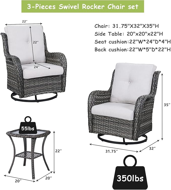 Rilyson Wicker Rocking Chair Swivel Chairs - 3 Piece Rocker Patio Furniture Set Rattan Rocking Bistro Sets with Glass Top Side Table for Outdoor Porch Deck Garden Backyard (Mixed Grey/Beige)
